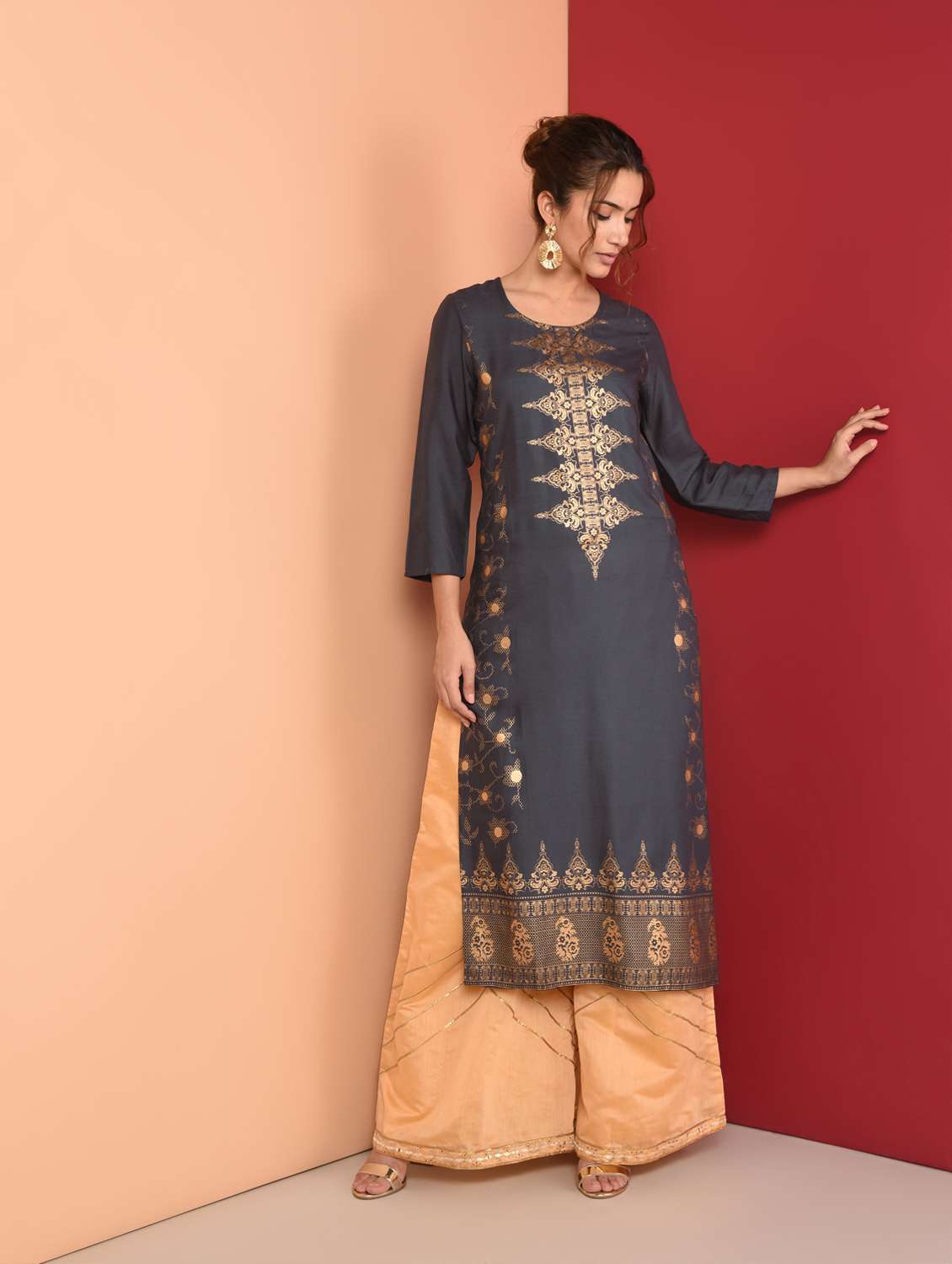 gold print straight kurta