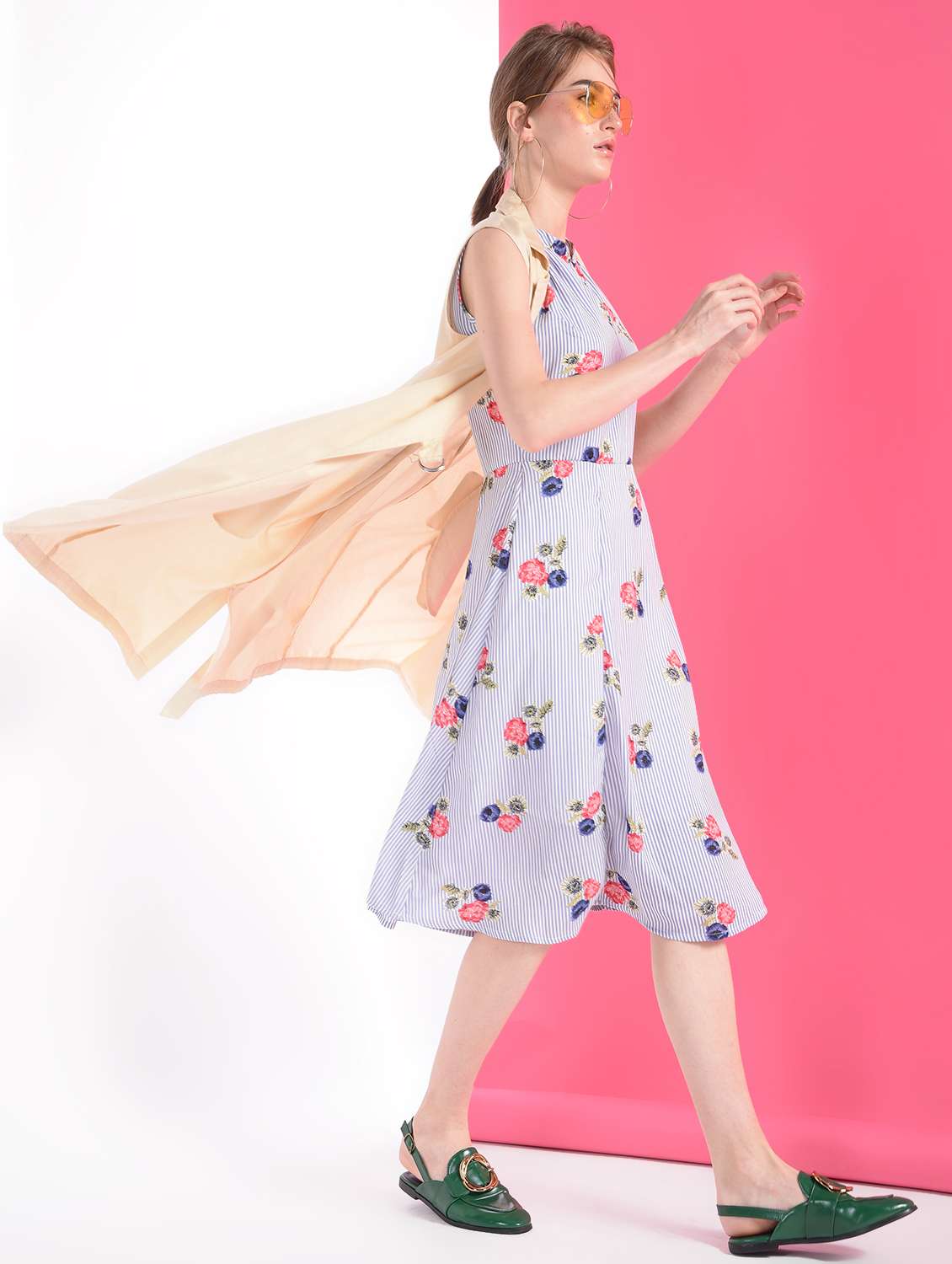 mandarin neck floral flared dress