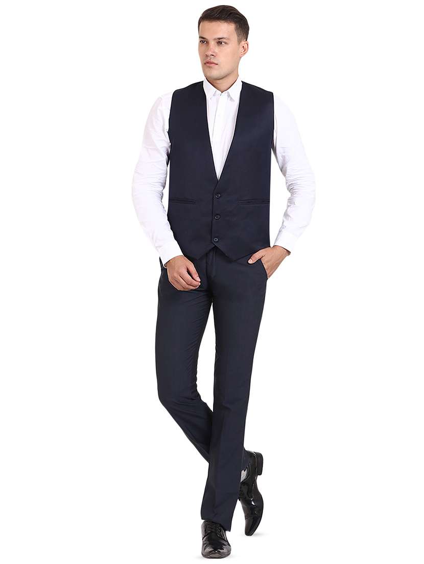 navy blue solid classic waist coat - 16386400 - Standard Image - 3