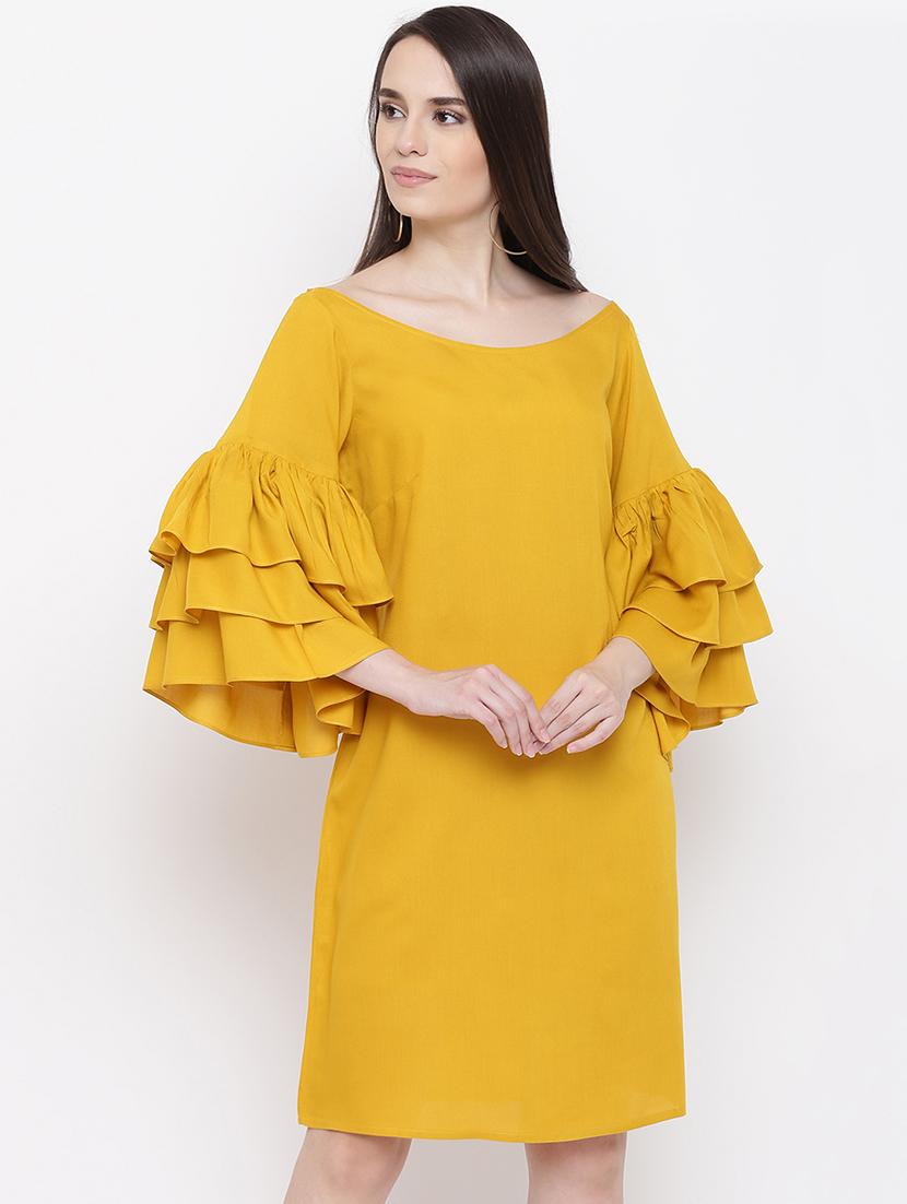 tiered bell sleeved solid shift dress - 16386547 - Zoom Image - 0