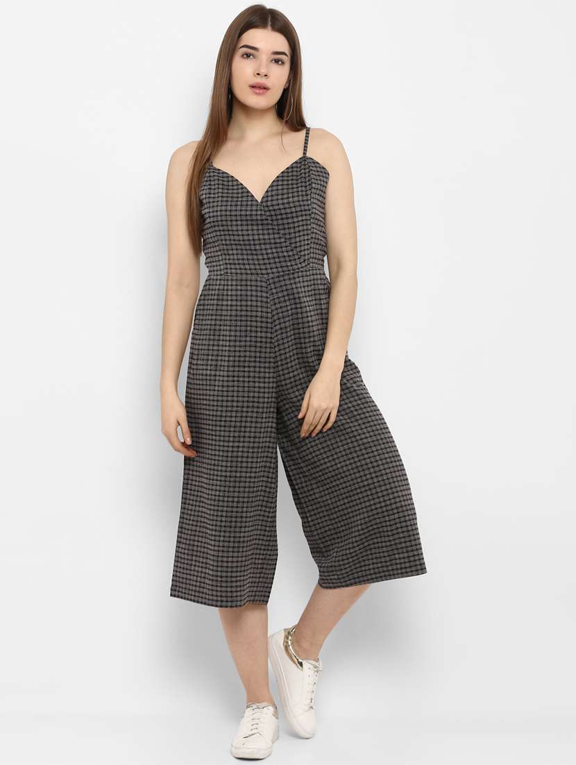 overlap neck checkered jumpsuit 