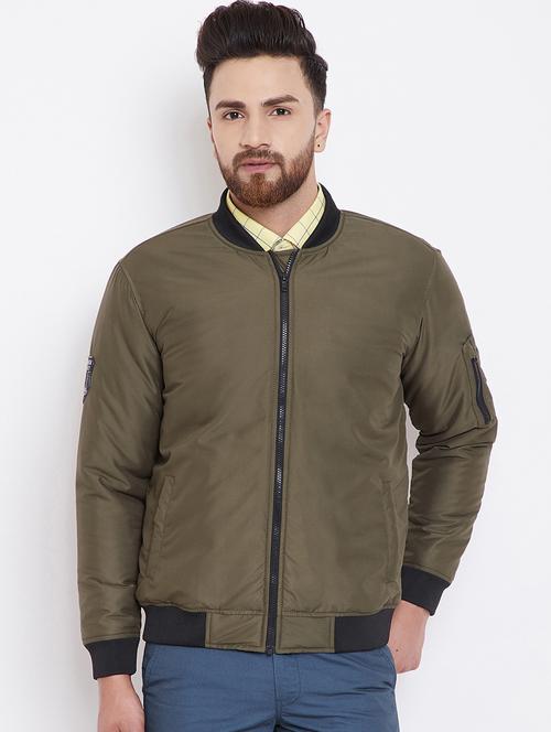 olive green solid bomber jacket - 16396880 - Standard Image - 0