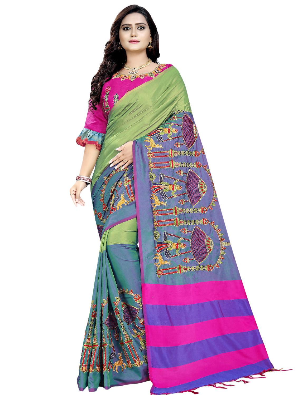 contrast shades embroidered saree with blouse - 16398835 -  Zoom Image - 0