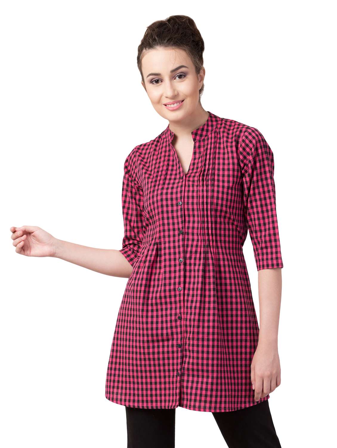 button detail tie knot back checkered tunic - 16404330 -  Zoom Image - 0