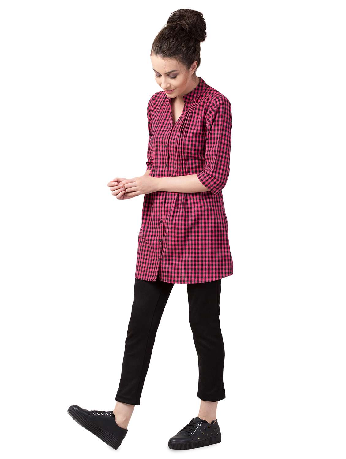 button detail tie knot back checkered tunic - 16404330 - Standard Image - 3