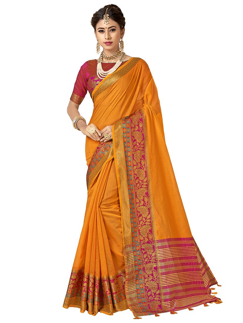 floral zari border woven saree with blouse - 16404564 - Zoom Image - 0