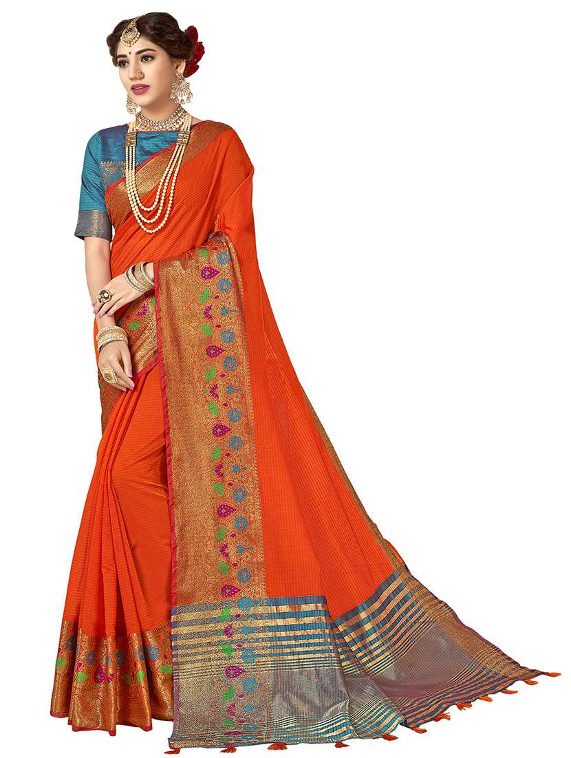 floral zari border woven saree with blouse - 16404574 - Zoom Image - 0