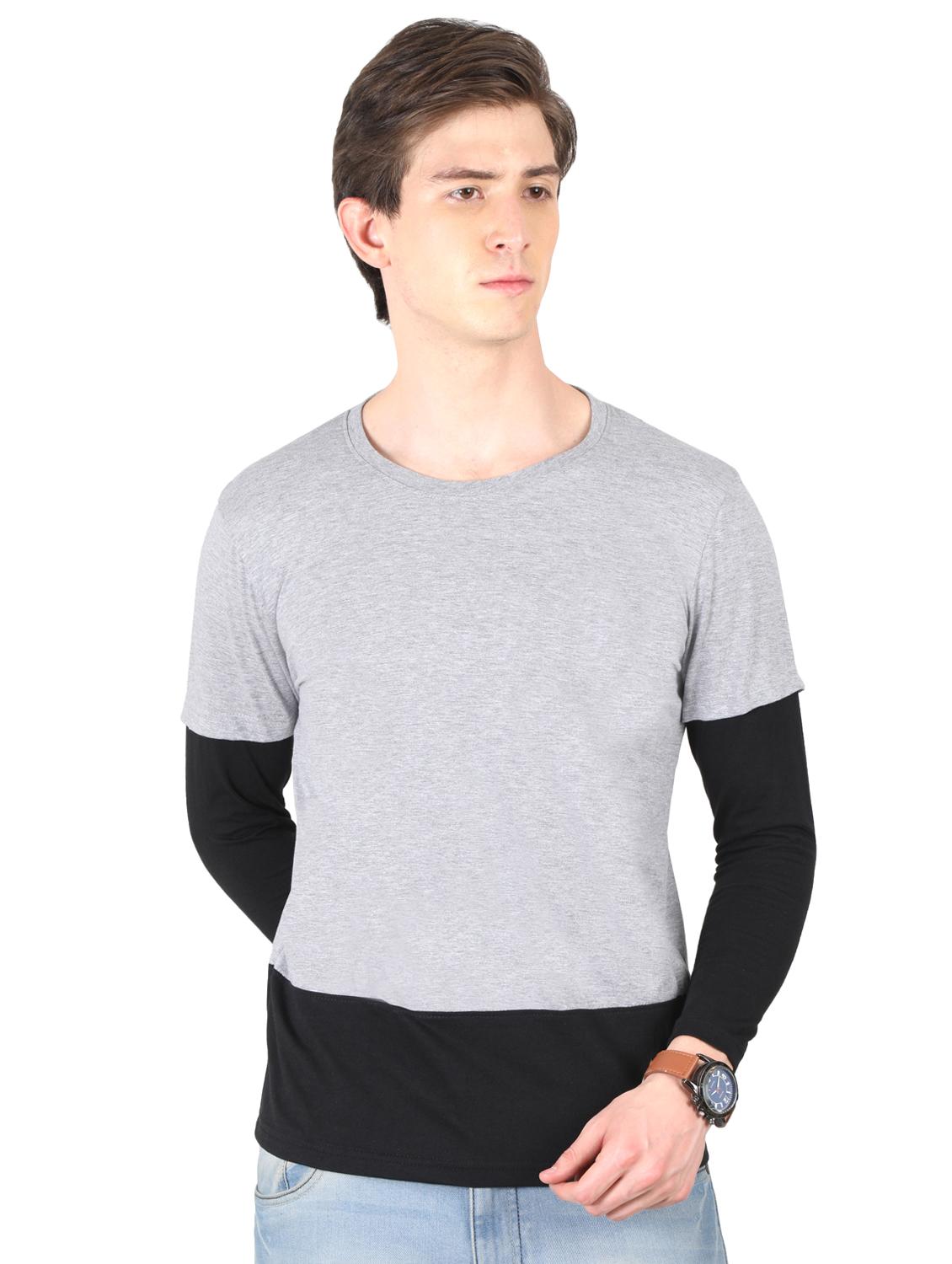 grey color block cut & sew t-shirt - 16421373 -  Zoom Image - 0