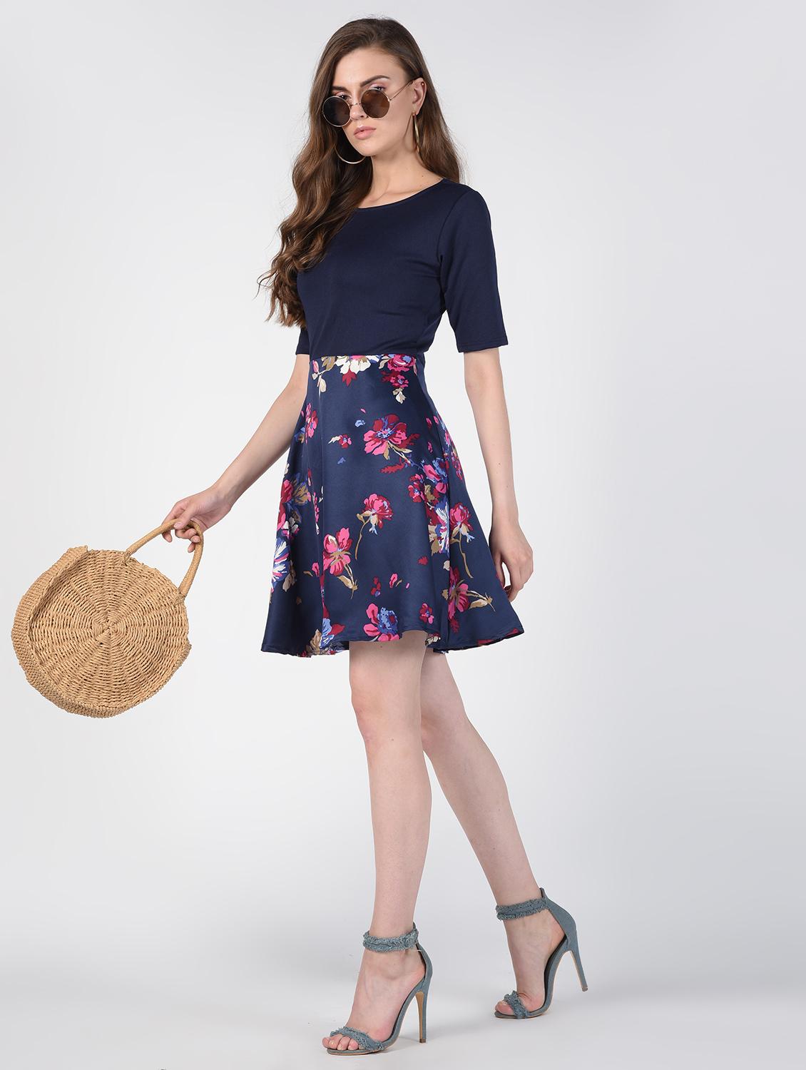 round neck floral flared dress