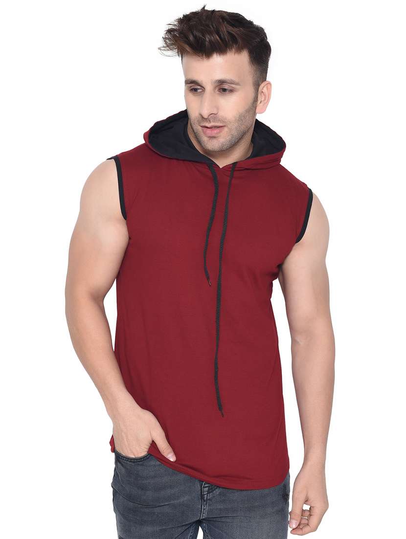 maroon solid hooded t-shirt - 16423882 -  Zoom Image - 0