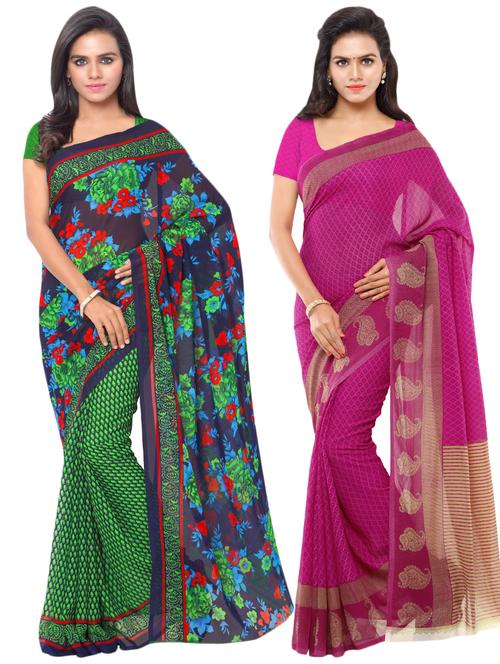 set of 2 multicolor printed saree combo with blouse - 16425599 - Standard Image - 0
