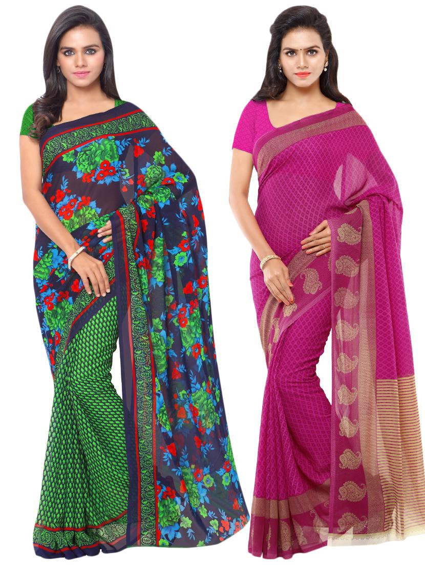 set of 2 multicolor printed saree combo with blouse - 16425599 - Zoom Image - 0