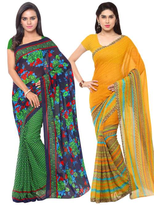 set of 2 multicolor printed saree combo with blouse - 16425604 -  Standard Image - 0