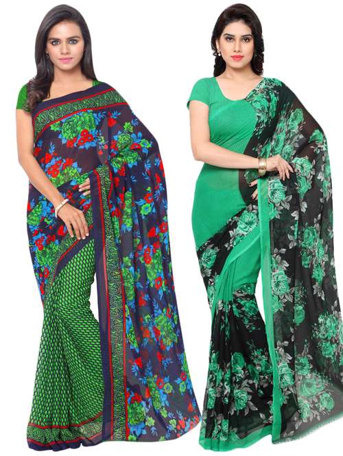 set of 2 multicolor printed saree combo with blouse - 16425607 -  Standard Image - 0