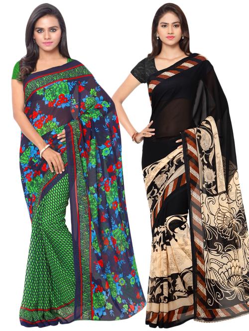 set of 2 multicolor printed saree combo with blouse - 16425611 - Standard Image - 0