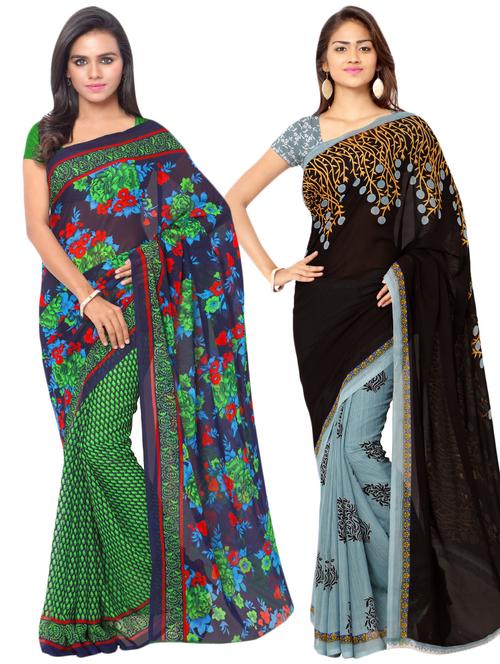 set of 2 multicolor printed saree combo with blouse - 16425615 - Standard Image - 0