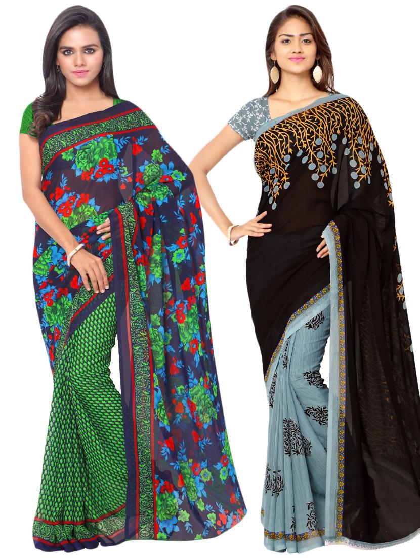 set of 2 multicolor printed saree combo with blouse - 16425615 - Zoom Image - 0