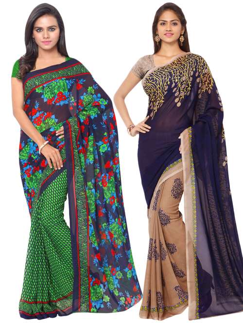 set of 2 multicolor printed saree combo with blouse - 16425616 -  Standard Image - 0