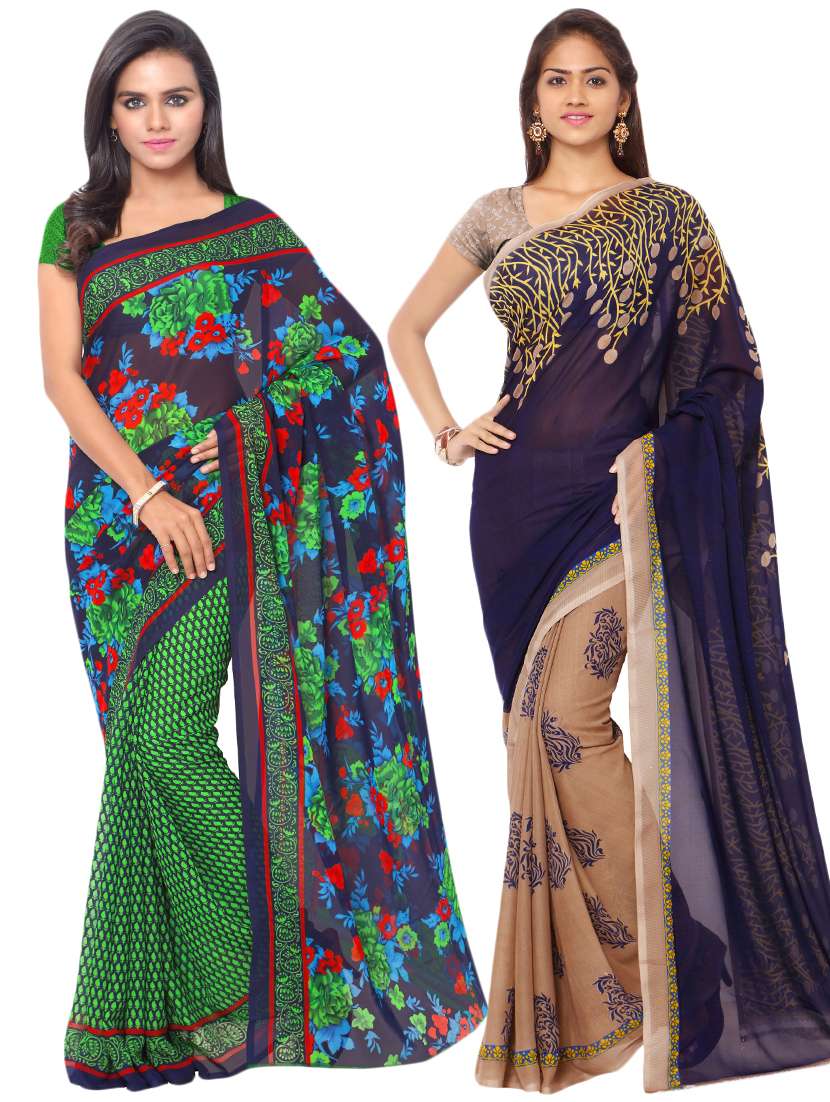 set of 2 multicolor printed saree combo with blouse