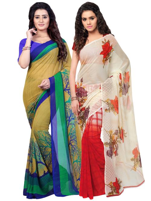 set of 2 multicolor printed saree combo with blouse - 16425858 -  Standard Image - 0
