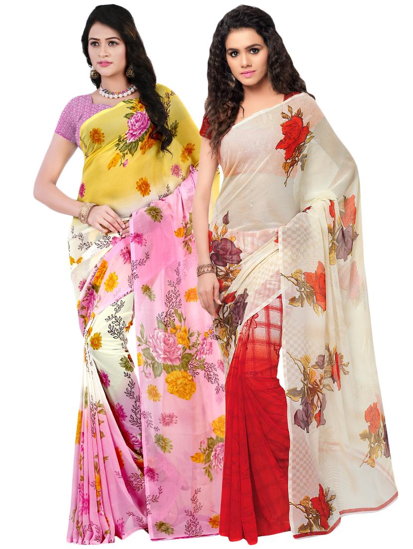set of 2 multicolor printed saree combo with blouse - 16425862 -  Zoom Image - 0