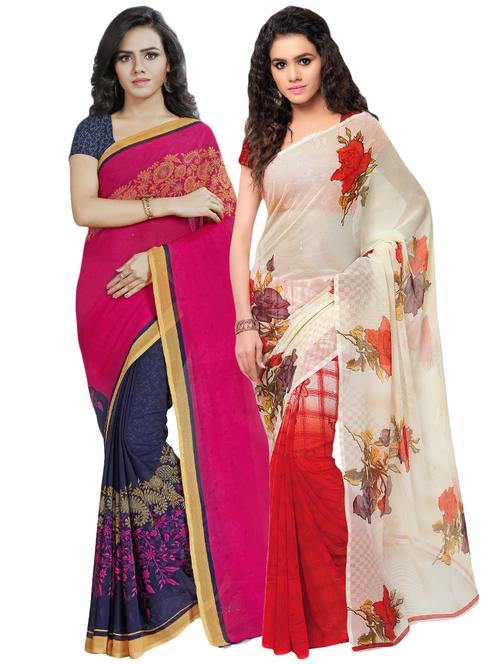 set of 2 multicolor printed saree combo with blouse - 16425870 - Standard Image - 0