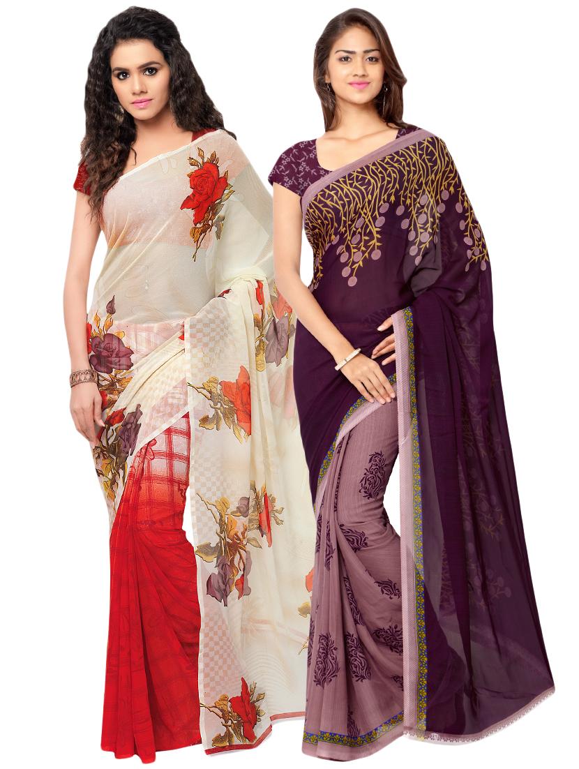 set of 2 multicolor printed saree combo with blouse - 16425874 - Zoom Image - 0