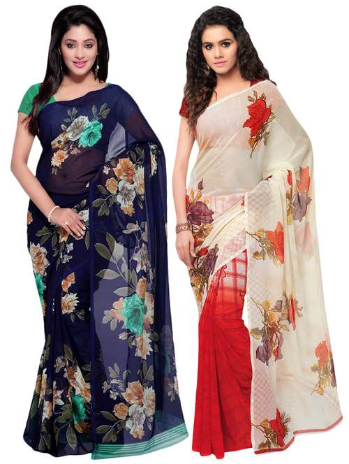 set of 2 multicolor printed saree combo with blouse - 16426013 - Standard Image - 0