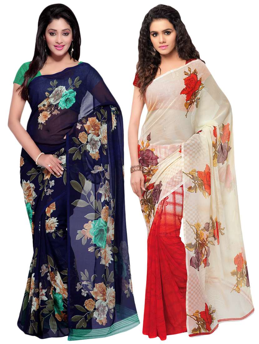 set of 2 multicolor printed saree combo with blouse - 16426013 - Zoom Image - 0