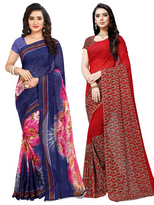 set of 2 multicolor printed saree combo with blouse - 16426036 - Standard Image - 0