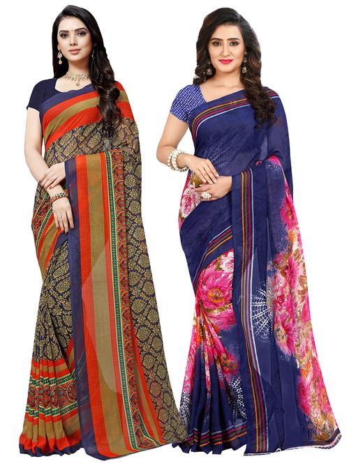 set of 2 multicolor printed saree combo with blouse - 16426037 - Standard Image - 0
