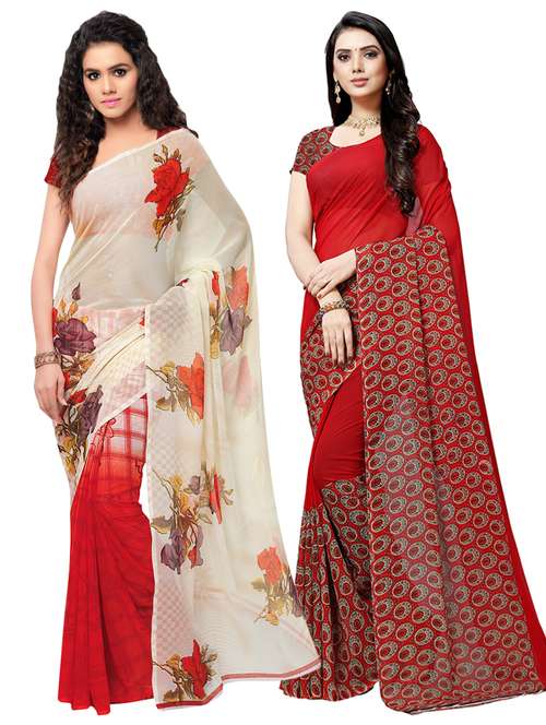 set of 2 multicolor printed saree combo with blouse - 16426155 - Standard Image - 0