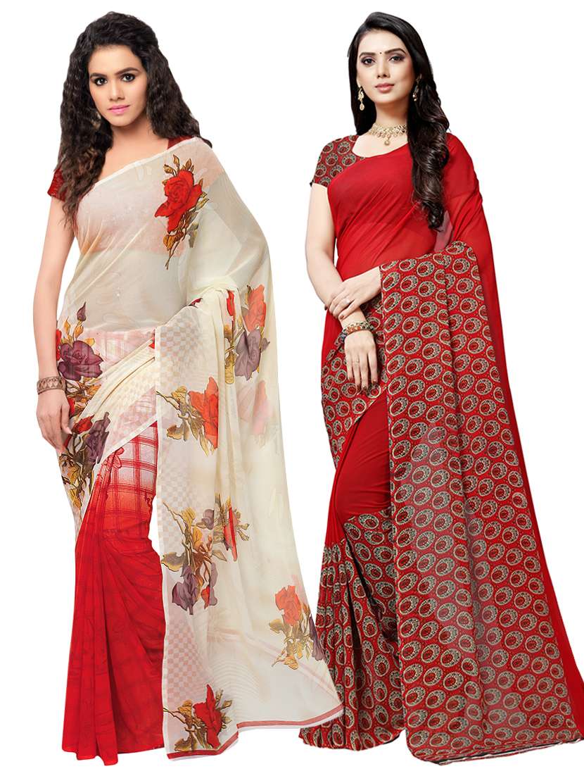 set of 2 multicolor printed saree combo with blouse - 16426155 - Zoom Image - 0
