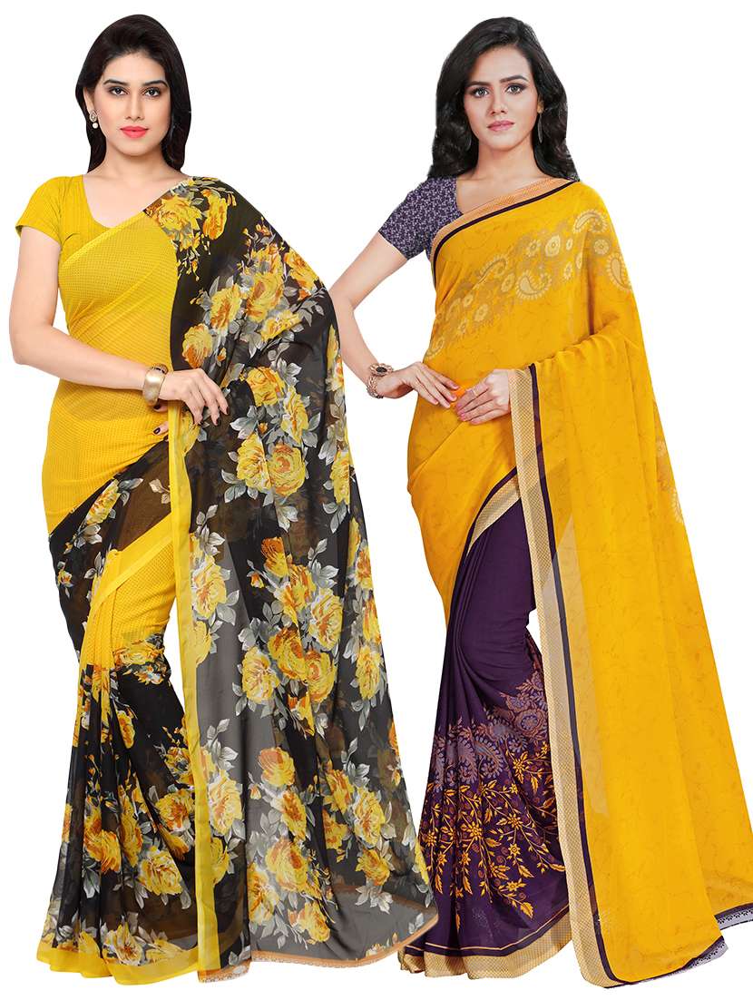 set of 2 printed saree combo with blouse