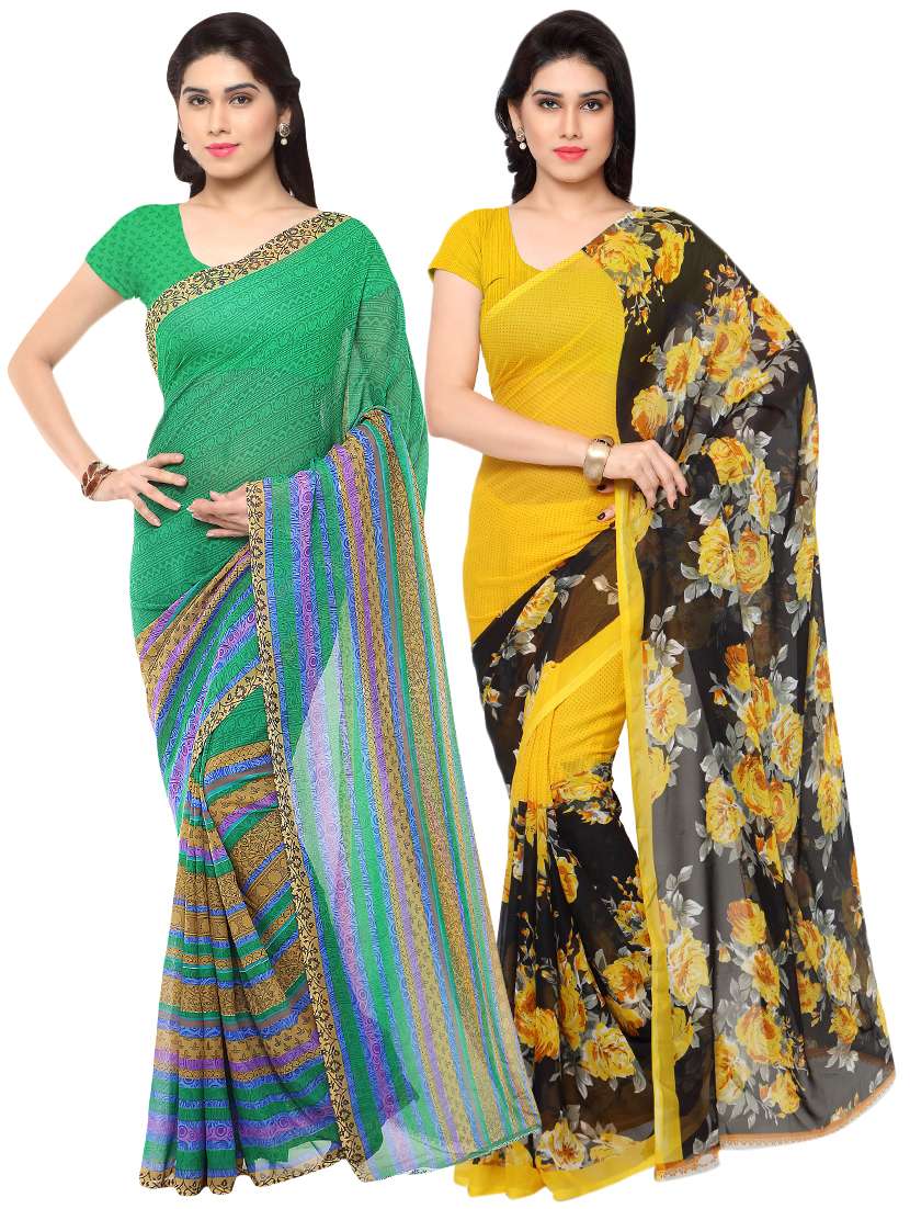 set of 2 multicolor printed saree combo with blouse