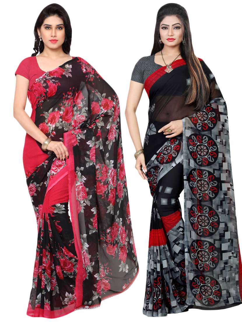 set of 2 multicolor printed saree combo with blouse