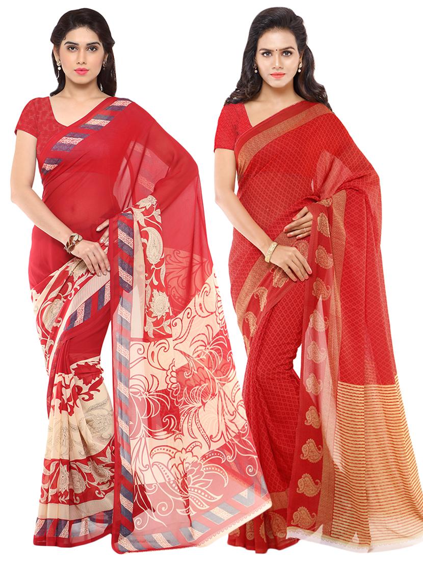set of 2 printed saree combo with blouse - 16426550 - Zoom Image - 0
