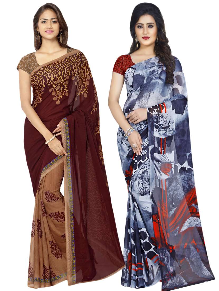 set of 2 multicolor printed saree combo with blouse