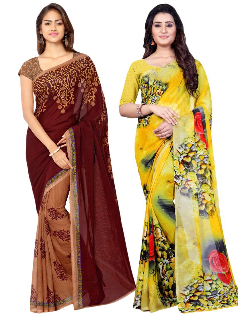set of 2 multicolor printed saree combo with blouse
