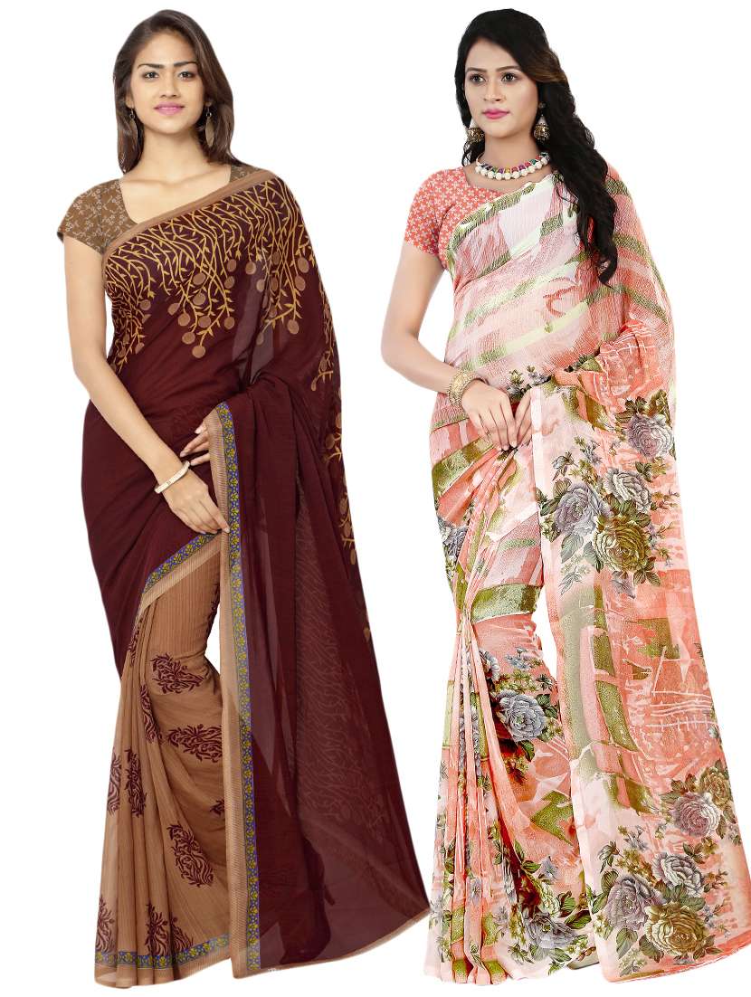 set of 2 multicolor printed saree combo with blouse
