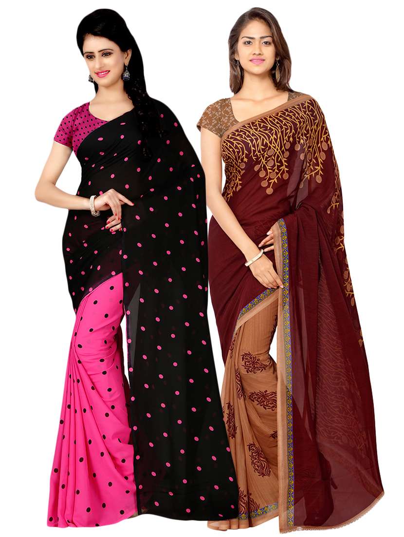 set of 2 multicolor printed saree combo with blouse