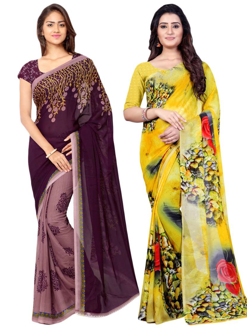 set of 2 multicolor printed saree combo with blouse