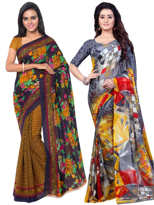 set of 2 multicolor printed saree combo with blouse - 16426756 - Standard Image - 0