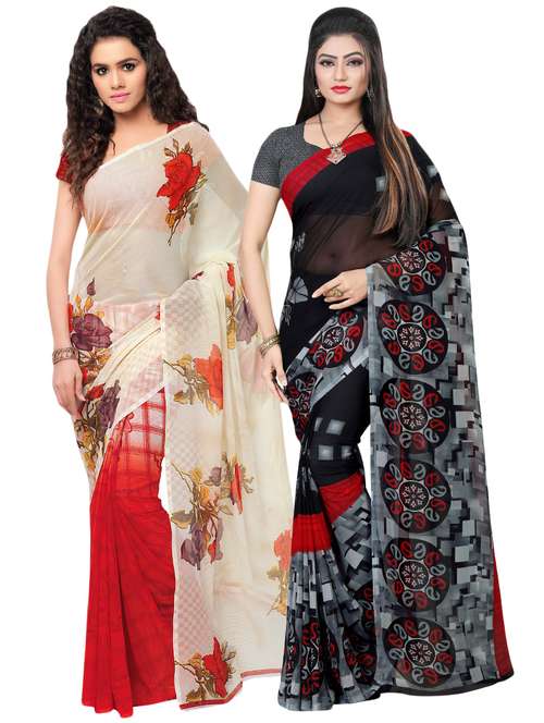 set of 2 multicolor printed saree combo with blouse - 16426810 - Standard Image - 0