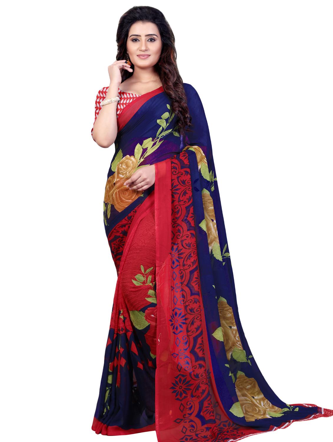 red georgette printed saree with blouse - 16426864 - Zoom Image - 0
