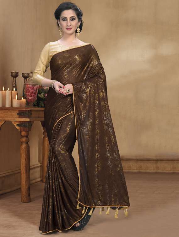 brown silk blend plain saree with blouse