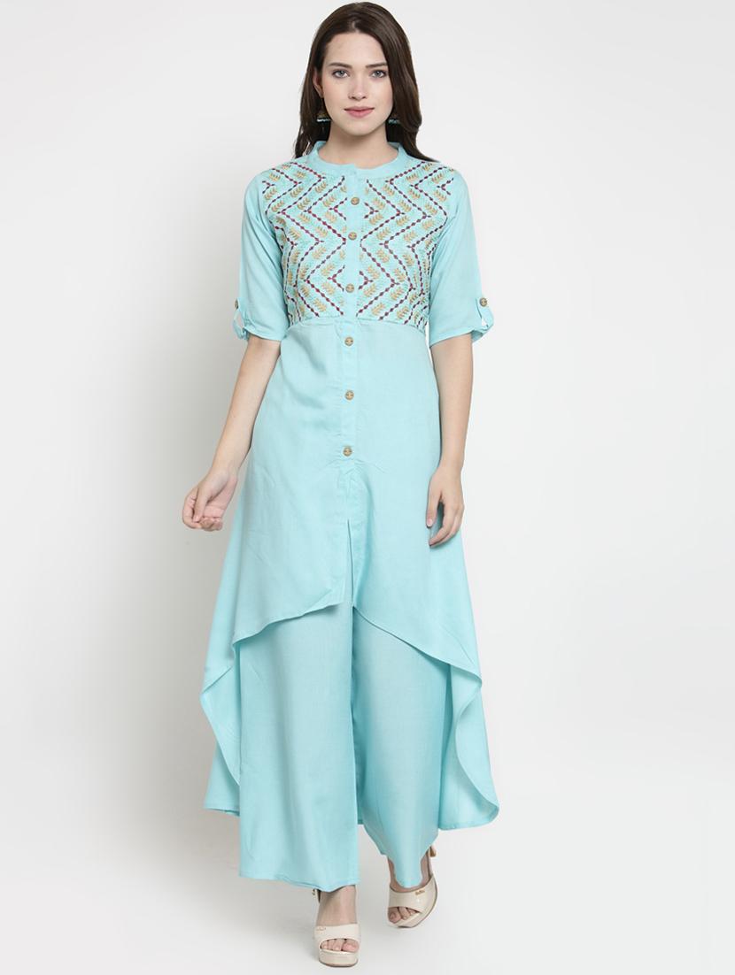 embroidered high low kurta palazzo set - 16431904 -  Zoom Image - 0