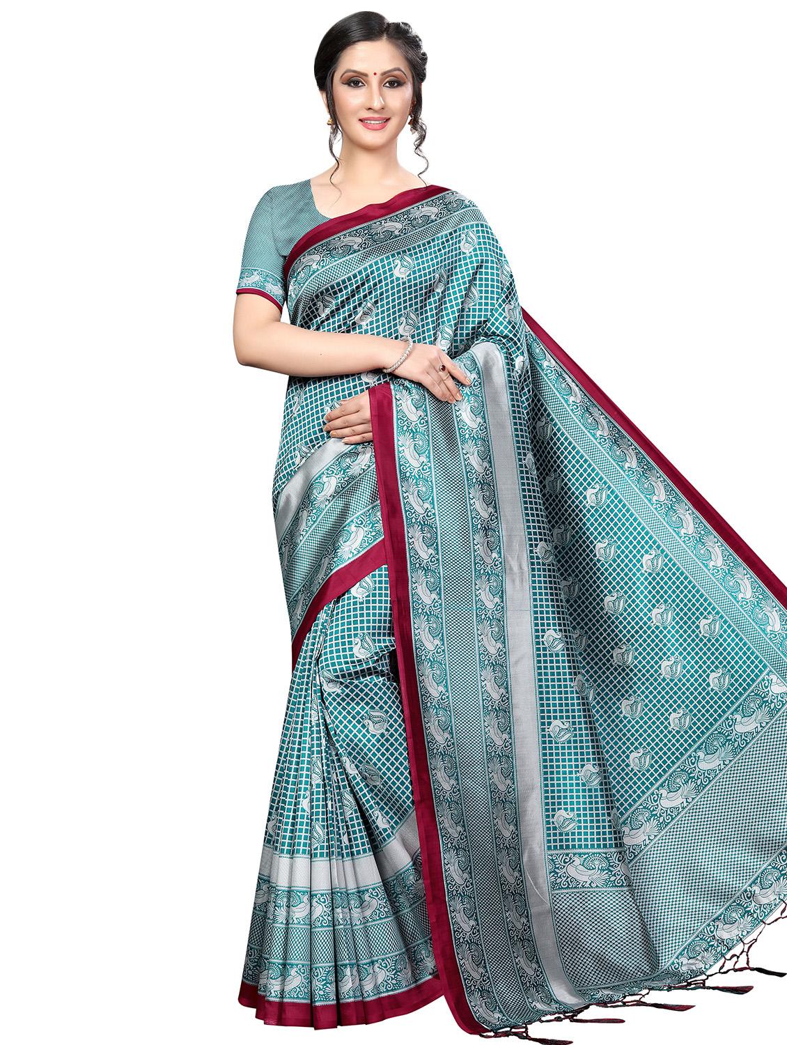 checkered printed bhagalpuri saree with blouse - 16436636 -  Zoom Image - 0