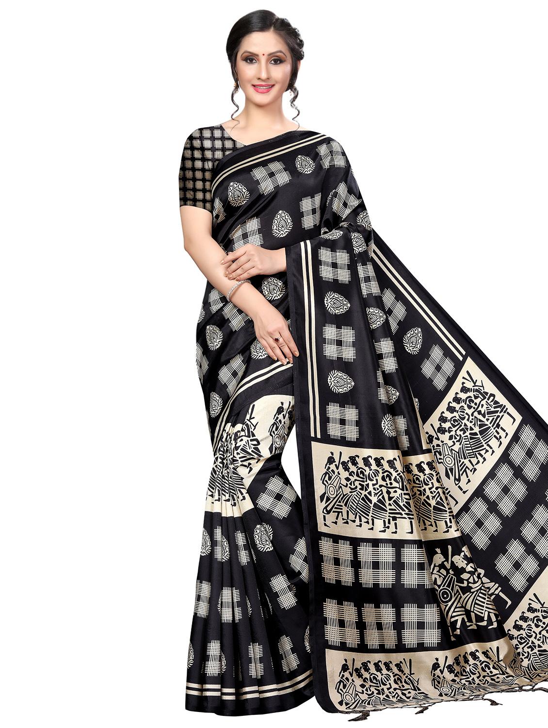 checkered printed bhagalpuri saree with blouse - 16436642 - Zoom Image - 0