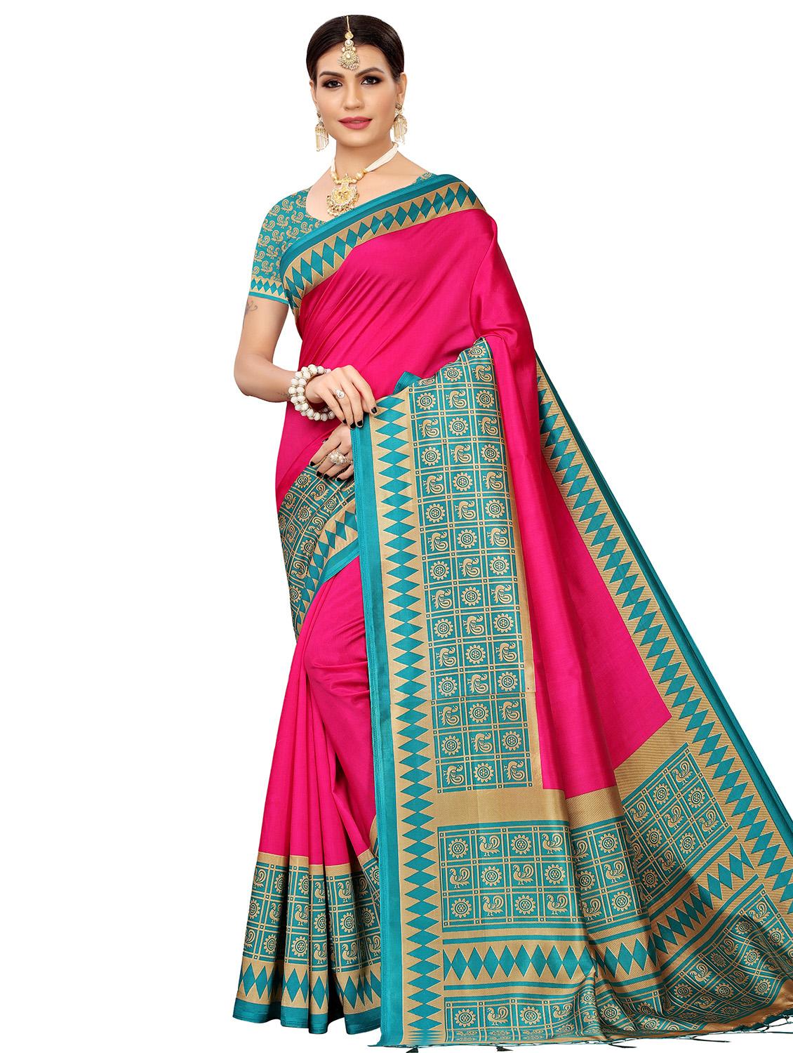 contrast border bhagalpuri saree with blouse - 16436653 -  Zoom Image - 0